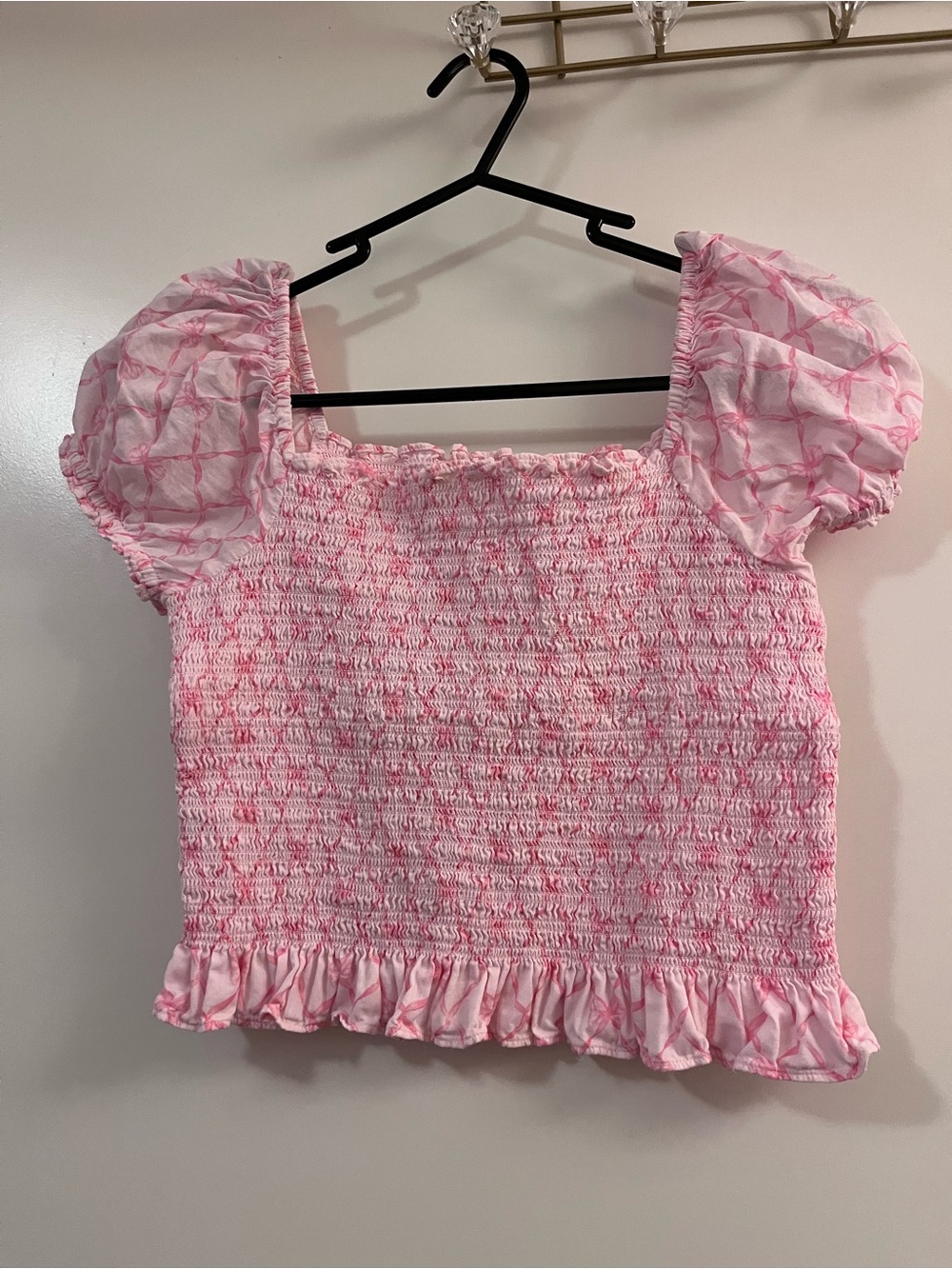 LoveShackFancy Pink Smocked Puff Sleeve Crop Top